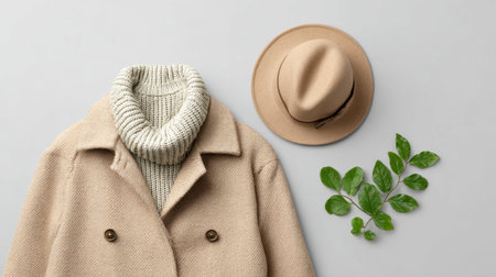 This image presents a stylish autumn flatlay featuring a cozy beige coat, a soft knit sweater, and a chic hat, adorned with fresh green leaves, embodying seasonal fashion.の素材