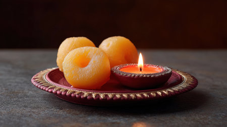 This image features traditional Indian sweets arranged on a decorative plate next to a glowing diya candle, evoking the spirit of celebration and culture.の素材