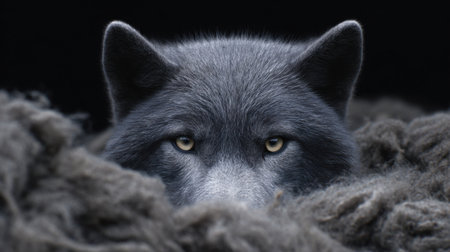 A striking close-up of a black wolf's face showcases its intense gaze and striking features, surrounded by dark fur, capturing the essence of wildlife.の素材
