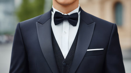 A close-up view of a well-dressed man in a classic suit and bow tie, exuding elegance and confidence. Ideal for fashion, lifestyle, or event themes.の素材