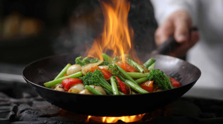 A professional chef skillfully fries fresh vegetables in a wok over a gas stove, creating a vibrant scene filled with flames and colors, highlighting culinary artistry.の素材