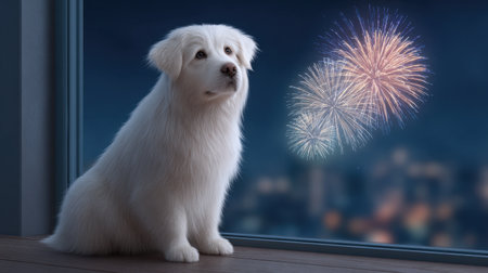 A fluffy white dog sits by a window watching the vibrant fireworks display against a night sky, embodying a sense of wonder and joy during the celebration.の素材