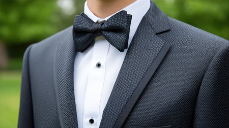 This image captures a refined close-up of a man in a sophisticated black tuxedo, featuring a textured design and a classic bow tie. Ideal for showcasing formal styles at weddings and upscale events.の素材