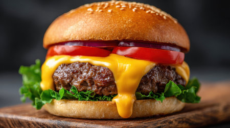 A mouthwatering cheeseburger featuring a juicy beef patty topped with melted cheese, fresh lettuce, and tomato, presented on a rustic wooden board.の素材