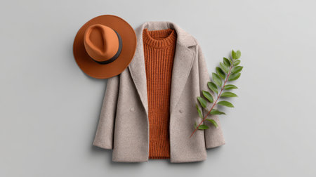 This stylish flat lay features a cozy beige coat, an orange knit sweater, and a brown hat alongside a green leaf, perfect for autumn fashion inspiration.の素材