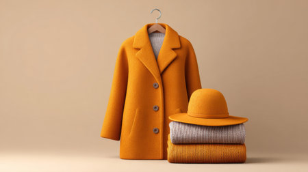 Showcasing a vibrant orange coat alongside a matching hat and cozy sweaters, this image captures the essence of autumn fashion and stylish layering.の素材