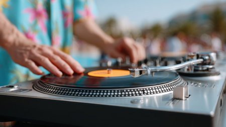 A vibrant close-up shot of a DJ skillfully mixing music on a turntable, surrounded by a lively atmosphere that captures the essence of celebration and enjoyment.の素材