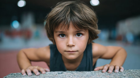A young boy with short brown hair leans forward while gazing intently into the camera, embodying focus and determination in a vibrant sports setting.の素材