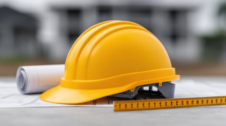 A bright yellow hard hat rests on top of architectural blueprints, complemented by a measuring tape and rolled plans, illustrating construction safety and preparation.の素材