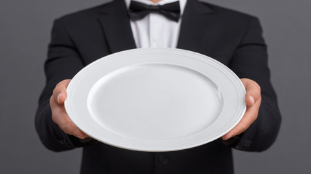 A professionally dressed man in a black suit and bow tie presents an empty white plate. This image conveys elegance and quality service in a fine dining setting.の素材