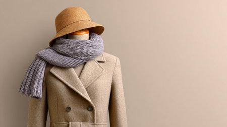 The image showcases a stylish mannequin dressed in an elegant beige coat, paired with a soft gray scarf and a fashionable hat, set against a soothing neutral backdrop.の素材
