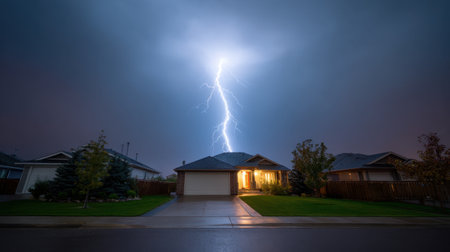 A striking image captures a powerful lightning bolt illuminating a quiet residential home during a stormy night, showcasing nature's intense energy.の素材