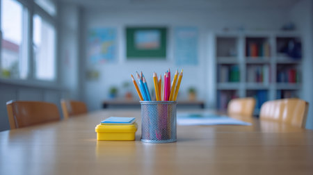 A vibrant collection of colorful pencils and note cards sits on a tidy classroom table, highlighting a bright and inspiring educational environment ideal for creativity.の素材