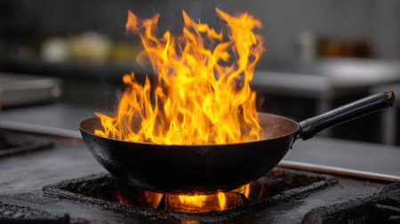 A dynamic image capturing the intense flames erupting from a frying pan on a kitchen stove. The vibrant fire showcases the energy of culinary action in a professional kitchen.の素材
