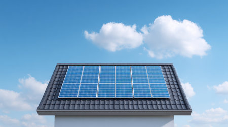 A beautiful residential home featuring solar panels on the roof, showcasing clean energy technology under a bright blue sky with fluffy clouds.の素材