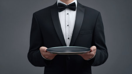 A refined waiter stands poised, showcasing a sleek black plate, embodying professionalism and elegance in formal dining settings or events.の素材