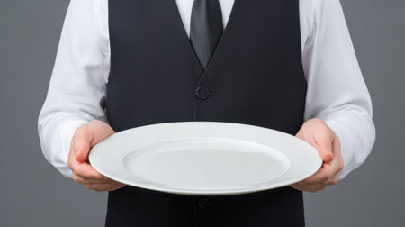 Professional waiter in formal attire holds an empty plate, ready to serve. The gray background adds a modern touch to this elegant hospitality scene.の素材
