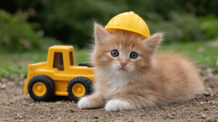 This charming image showcases a playful orange kitten wearing a construction hat, lying beside a yellow toy bulldozer on a natural outdoor setting.の素材