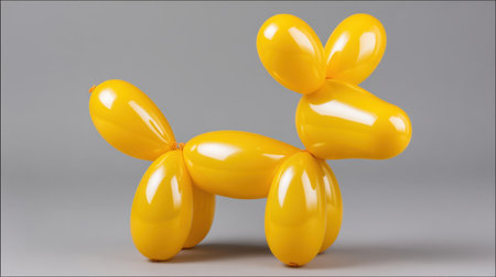 A vibrant yellow balloon sculpture depicting a playful dog, set against a subtle gray backdrop. This charming design adds joy to events, parties, and creative projects.の素材