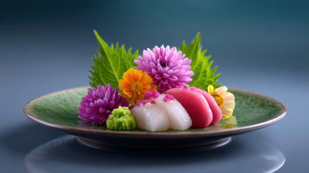 A beautifully arranged plate of fresh sushi featuring delicate pieces, vibrant flowers, and green garnishes, highlighting the art of Japanese cuisine.の素材