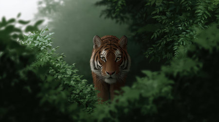 A captivating portrait of a majestic tiger quietly emerging from lush green foliage in a misty forest, highlighting the beauty and strength of wildlife in nature.の素材