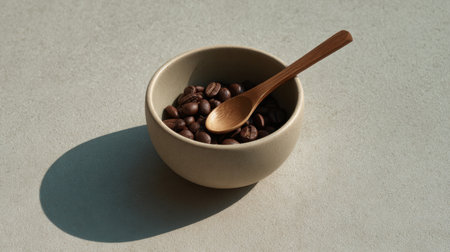A serene image featuring a bowl filled with roasted coffee beans and a wooden spoon, set against a minimalist surface, ideal for capturing warmth and comfort.の素材