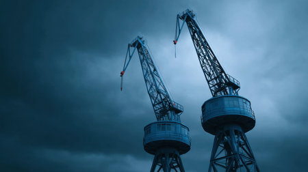 A pair of industrial cranes stand tall against a backdrop of dark, dramatic clouds, emphasizing the power and scale of construction machinery in an urban environment.の素材