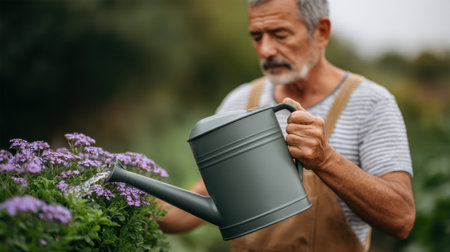 A senior man carefully waters vibrant purple flowers in his garden, highlighting the joy of gardening and connection with nature in a tranquil setting.の素材