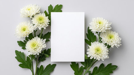A serene arrangement featuring beautiful white chrysanthemums surrounding a blank card on a smooth gray background, ideal for creative projects or invitations.の素材