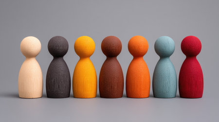 A striking arrangement of seven colorful wooden figurines, each uniquely crafted, symbolizing diversity and community against a stylish gray background.の素材