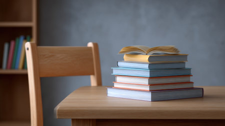 A serene atmosphere featuring a stack of colorful books on a wooden table in a cozy reading nook, perfect for study and relaxation.の素材