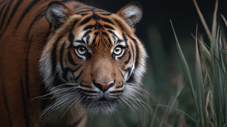 This stunning close-up image captures the majestic essence of a tiger, showcasing its vibrant orange fur and intense gaze amidst lush greenery.の素材