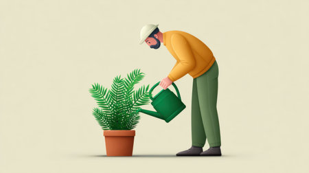 A minimalist illustration depicting a gardener attentively watering a lush potted plant, showcasing the tranquility of home gardening and plant care.の素材