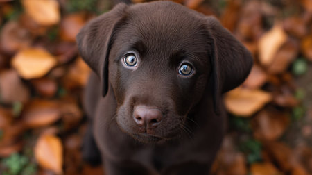 A captivating brown puppy gazes curiously with bright eyes amid a bed of orange and brown autumn leaves, embodying the charm of youthful innocence.の素材