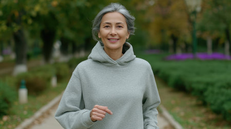 A cheerful older woman is jogging in a serene park, wearing a gray hoodie. The scene captures her healthy lifestyle amidst beautiful trees and colorful flowers.の素材