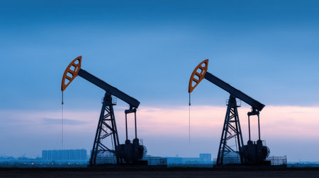 This image captures the silhouettes of oil pumps at sunset, highlighting the machinery used in energy production within a tranquil landscape.の素材