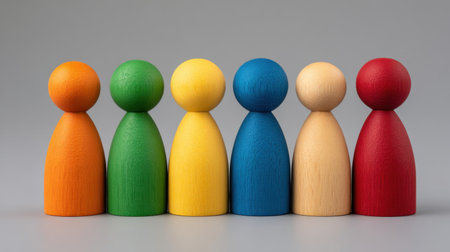 A vibrant collection of six wooden figures in orange, green, yellow, blue, natural wood, and red, beautifully arranged in a row. Ideal for promoting diversity, community, and imaginative play in educational settings or as a decorative piece.の素材