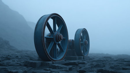 An intriguing image of vintage industrial wheels sitting on a rocky surface in a foggy landscape. The atmosphere evokes a sense of history and mystery.の素材