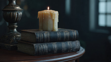 A serene still life featuring a warm candle resting atop two vintage leather-bound books in a dark room, creating a cozy and inviting atmosphere for any space.の素材