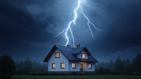 A stunning photograph capturing a dramatic night scene with a house illuminated by warm light under a stormy sky filled with lightning.の素材