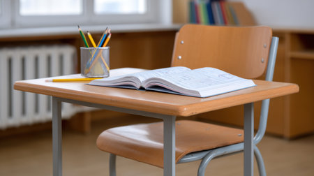 A bright and inviting classroom setting featuring a wooden desk with an open notebook, colorful pencils, and a clean environment to inspire learning.の素材