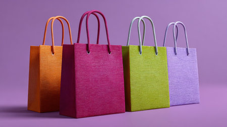 A captivating display of colorful shopping bags on a vibrant purple background, perfect for showcasing creativity, style, and design in marketing and promotional materials.の素材