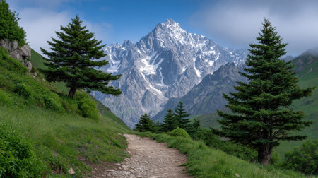 A breathtaking scene showcasing a winding pathway leading through vibrant greenery, framed by towering pine trees with majestic mountains in the background.の素材
