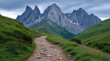 This image captures a stunning mountain landscape featuring a rocky path winding through lush greenery under a dramatic cloudy sky, ideal for nature lovers.の素材