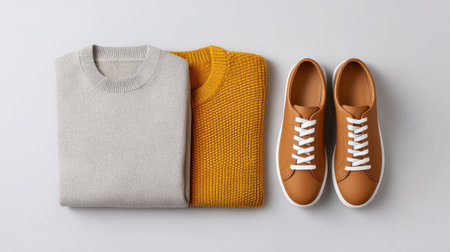 Discover stylish sweaters and chic sneakers laid out in a minimalistic arrangement, perfect for casual outfits and modern fashion inspiration.の素材