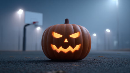 A menacing Jack-o'-lantern sits on an empty basketball court shrouded in fog, creating a haunting atmosphere perfect for Halloween celebrations.の素材
