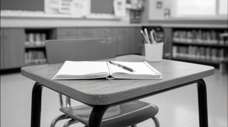 An empty classroom desk features an open notebook and a pen, inviting creativity and learning. The black and white aesthetic emphasizes focus and simplicity.の素材