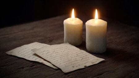 Soft candlelight flickers over vintage letters on a rustic wooden table, creating a warm and inviting atmosphere perfect for storytelling or reflection.の素材