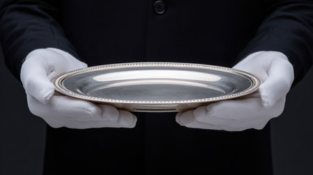 A refined silver serving tray is carefully presented by a waiter in formal black attire and white gloves, epitomizing elegance and professionalism in hospitality settings.の素材
