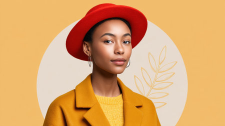 A stylish portrait of a confident woman wearing a yellow coat and red hat, set against a warm background with a subtle leaf pattern. The image captures elegance and modern fashion.の素材